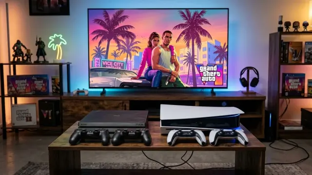 Consola PS4 al lado de una PS5 con GTA 6 en la pantalla, comparando las dos generaciones de PlayStation