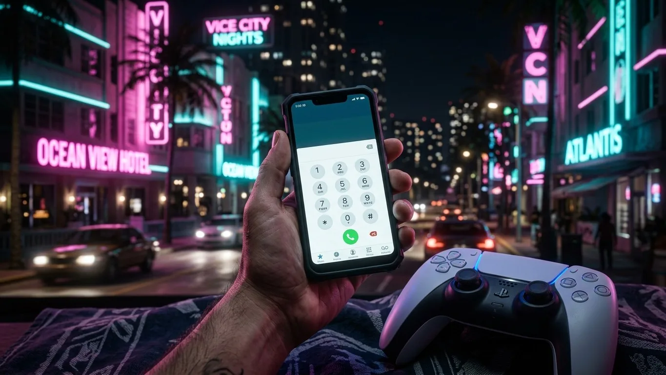 Jason Duval ingresando un truco de GTA 6 en el teléfono del juego, con un control DualSense de PS5