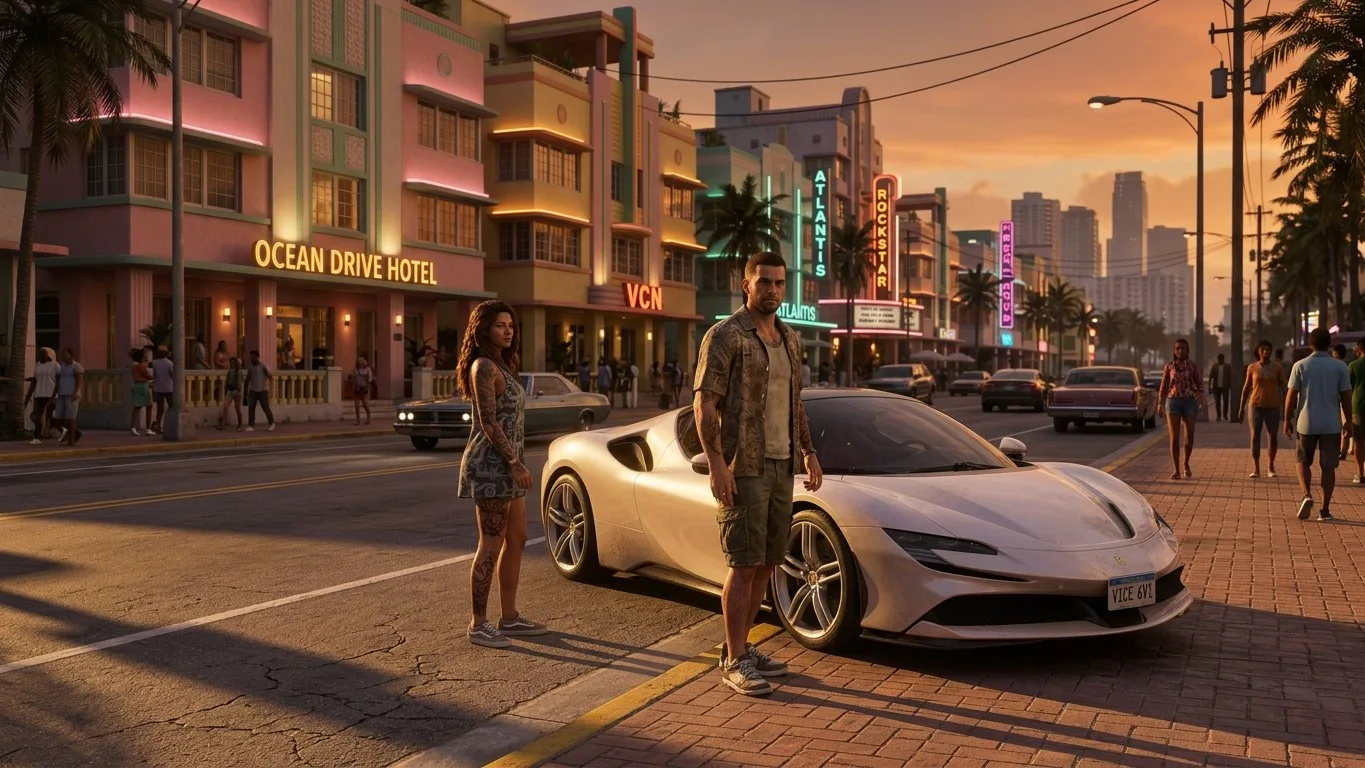 Jason Duval y Lucia Caminos en Vice City, la imagen principal de la guía de todo lo que se sabe de GTA 6 en PS5