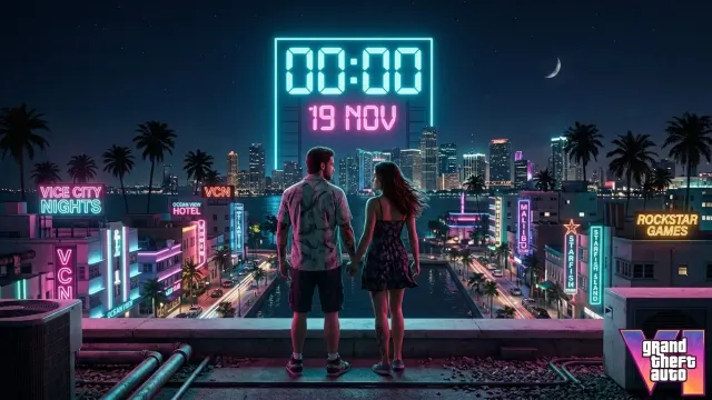 Jason y Lucia de GTA 6 en una azotea de Vice City con un reloj de neón marcando la medianoche del 19 de noviembre