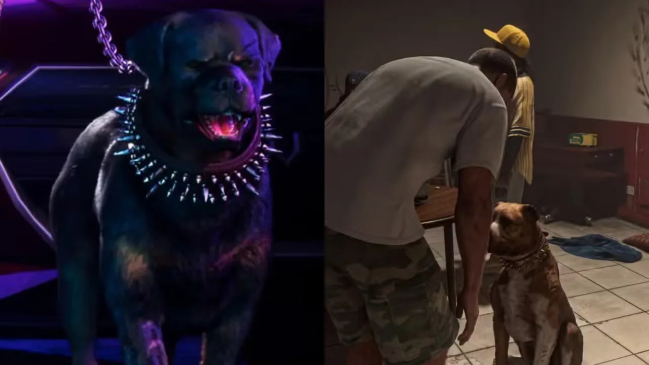 Personaje de GTA 6 interactuando con un NPC que pasea a su perro en una calle de Vice City