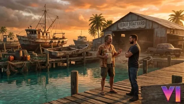 Brian Heder, el veterano traficante de GTA 6, conversando con Jason Duval en su astillero de Leonida