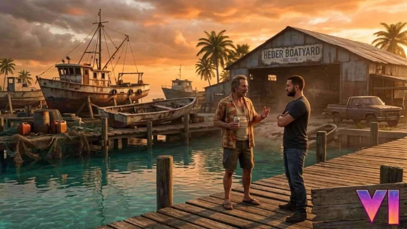Brian Heder, el veterano traficante de GTA 6, conversando con Jason Duval en su astillero de Leonida