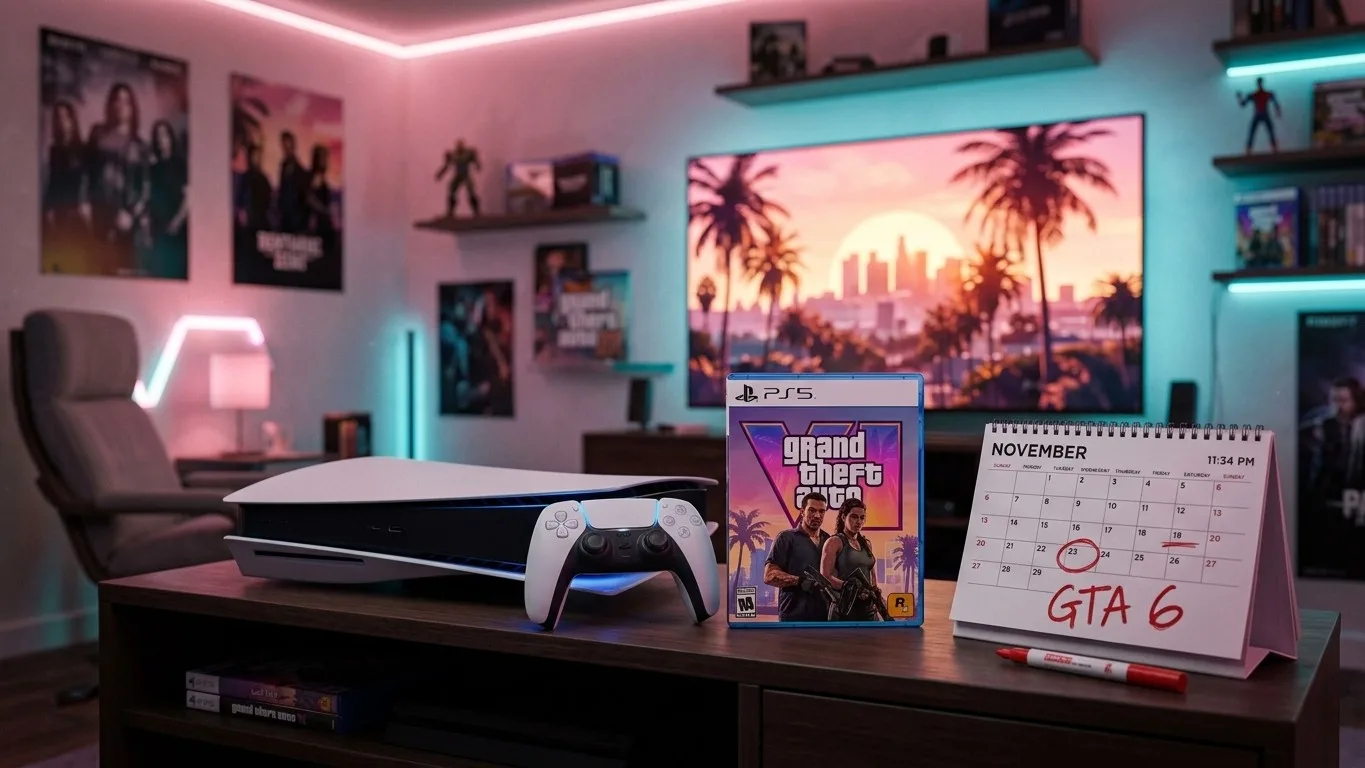 Calendario marcado en el 19 de noviembre junto a una PS5 con GTA 6, a un mes del lanzamiento