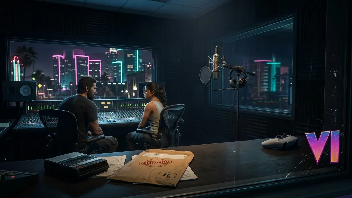 Jason Duval y Lucia Caminos de espaldas en un estudio de grabación en penumbra, en referencia al secreto del elenco de GTA 6
