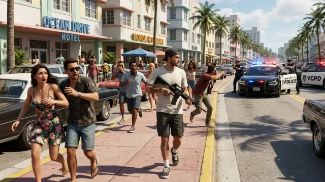 Jason sosteniendo un rifle en una calle de Vice City mientras varios NPCs reaccionan alejándose, ilustrando el nuevo sistema de reacciones de GTA 6