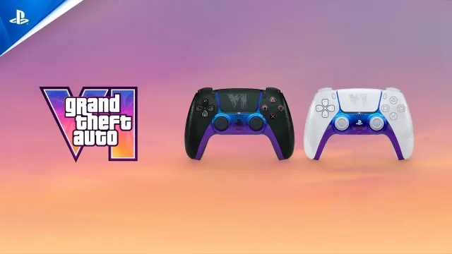 Mandos DualSense de edición limitada de GTA 6 en negro y blanco con diseño de palmeras y acabado tornasolado morado