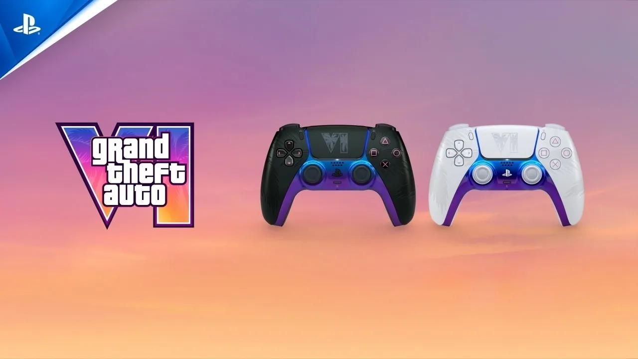 Mandos DualSense de edición limitada de GTA 6 en negro y blanco con diseño de palmeras y acabado tornasolado morado