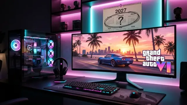 PC gamer con monitor que muestra el atardecer de Vice City de GTA 6, en referencia al rumor de lanzamiento en PC